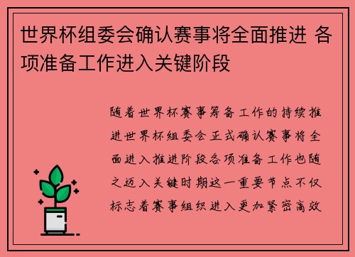 世界杯组委会确认赛事将全面推进 各项准备工作进入关键阶段